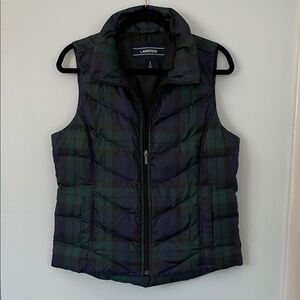 Women’s Lands' End Green and Blue Plaid Puffer Vest with Pockets Size S